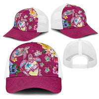 Hawaiian Turtles and Tropical Plants Mesh Trucker Cap Pink Watercolor
