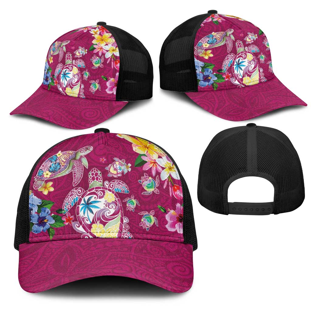Hawaiian Turtles and Tropical Plants Mesh Trucker Cap Pink Watercolor