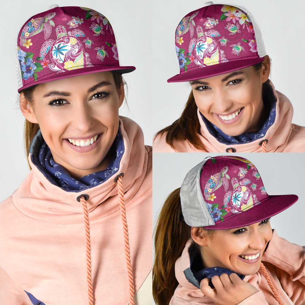 Hawaiian Turtles and Tropical Plants Mesh Trucker Cap Pink Watercolor