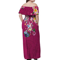 Hawaiian Turtles and Tropical Plants Off Shoulder Maxi Dress Pink Watercolor