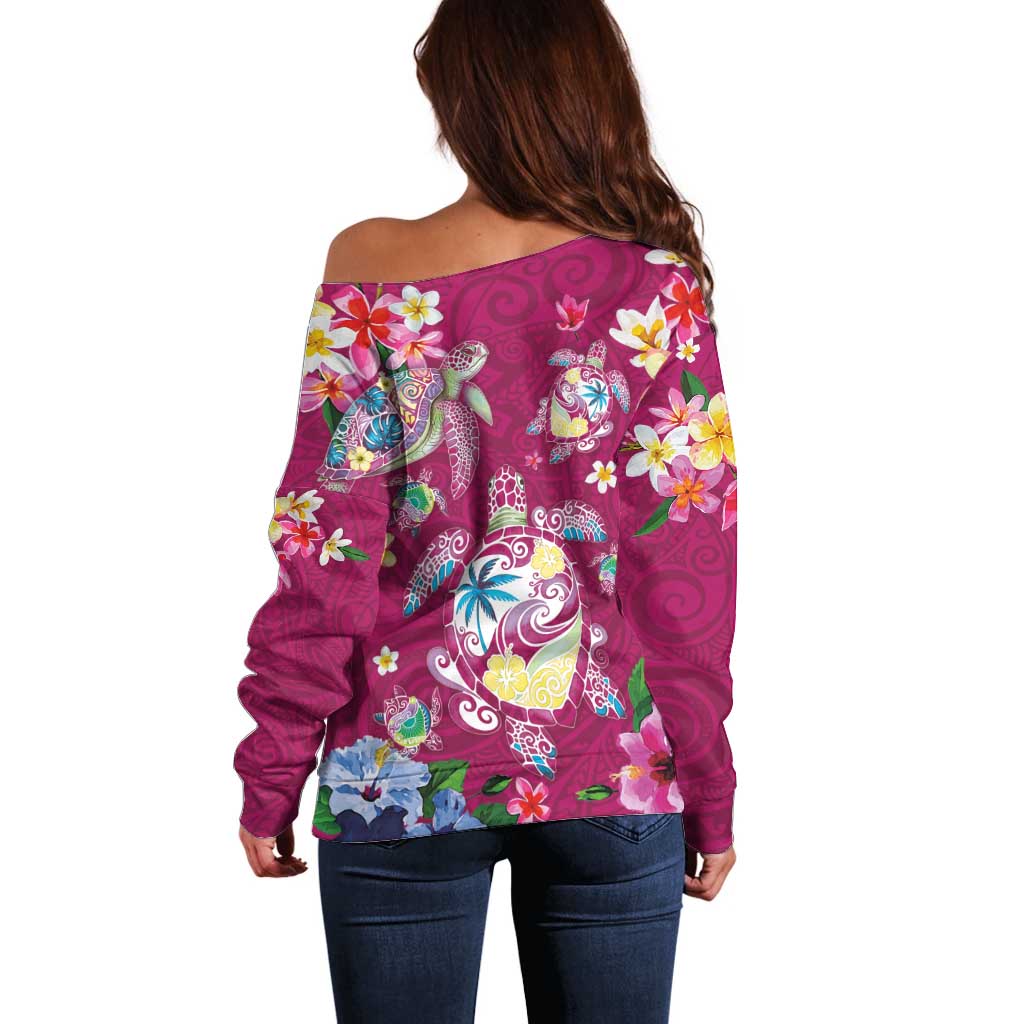 Hawaiian Turtles and Tropical Plants Off Shoulder Sweater Pink Watercolor