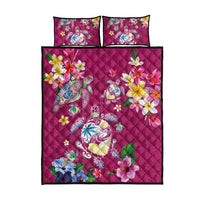 Hawaiian Turtles and Tropical Plants Quilt Bed Set Pink Watercolor