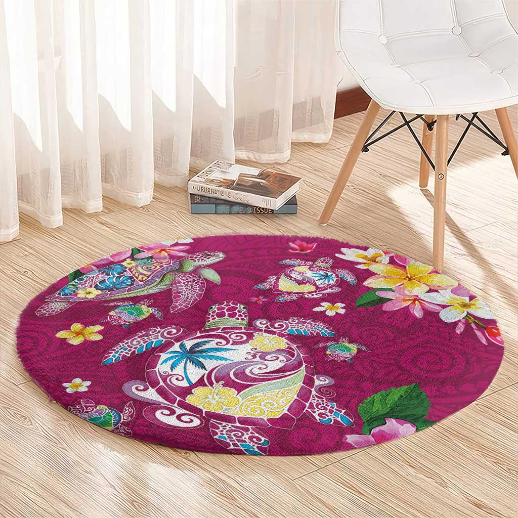 Hawaiian Turtles and Tropical Plants Round Carpet Pink Watercolor LT03 - Polynesian Pride