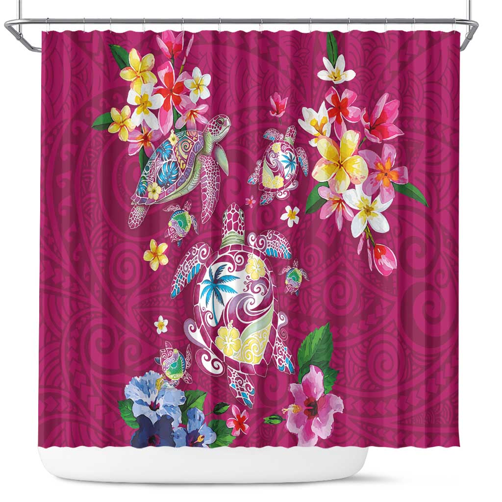 Hawaiian Turtles and Tropical Plants Shower Curtain Pink Watercolor