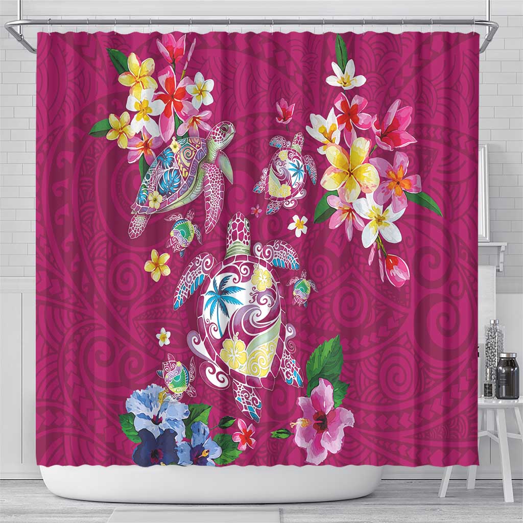 Hawaiian Turtles and Tropical Plants Shower Curtain Pink Watercolor