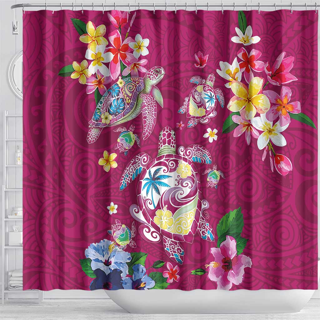 Hawaiian Turtles and Tropical Plants Shower Curtain Pink Watercolor