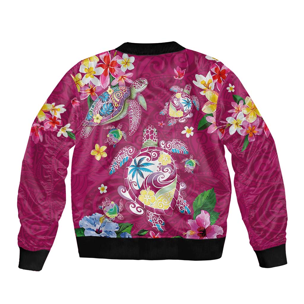 Hawaiian Turtles and Tropical Plants Sleeve Zip Bomber Jacket Pink Watercolor