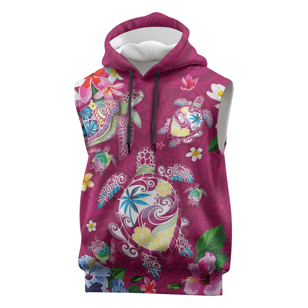 Hawaiian Turtles and Tropical Plants Sleeveless Hoodie Pink Watercolor