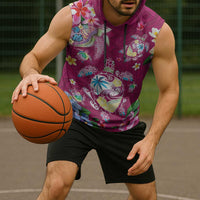 Hawaiian Turtles and Tropical Plants Sleeveless Hoodie Pink Watercolor