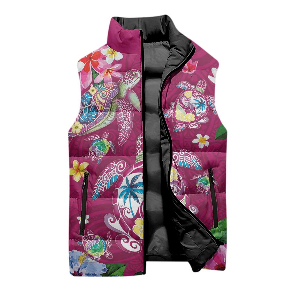 Hawaiian Turtles and Tropical Plants Sleeveless Puffer Jacket Pink Watercolor