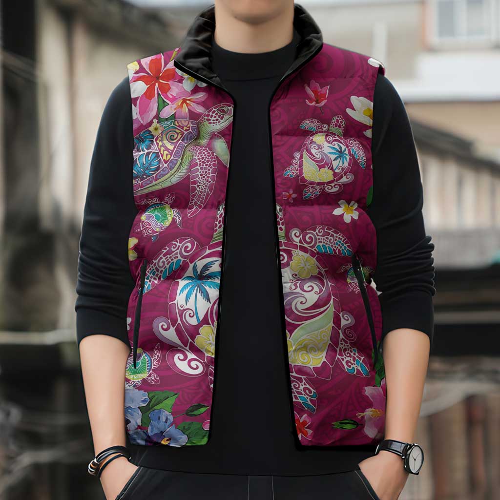 Hawaiian Turtles and Tropical Plants Sleeveless Puffer Jacket Pink Watercolor