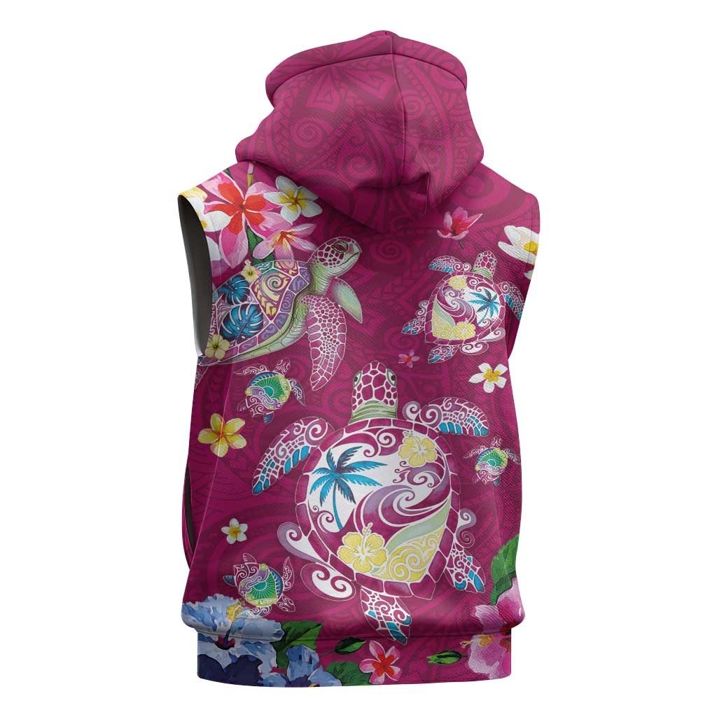 Hawaiian Turtles and Tropical Plants Sleeveless Zip Hoodie Pink Watercolor