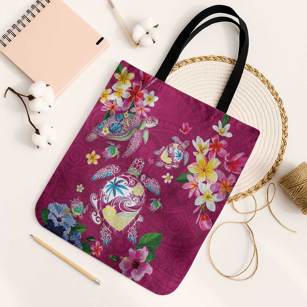 Hawaiian Turtles and Tropical Plants Tote Bag Pink Watercolor LT03 Black Strap One Size Pink - Polynesian Pride