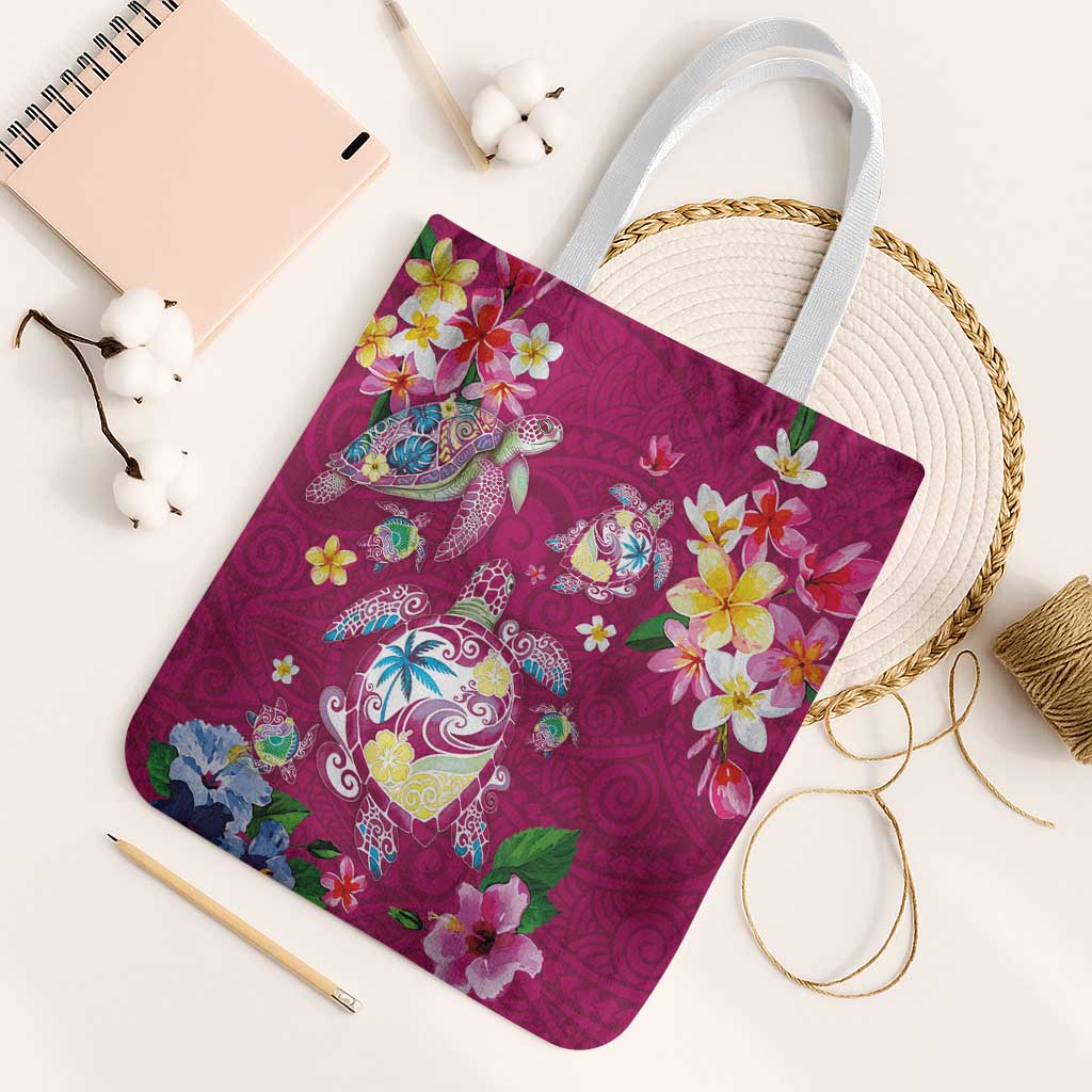 Hawaiian Turtles and Tropical Plants Tote Bag Pink Watercolor LT03 White Strap One Size Pink - Polynesian Pride