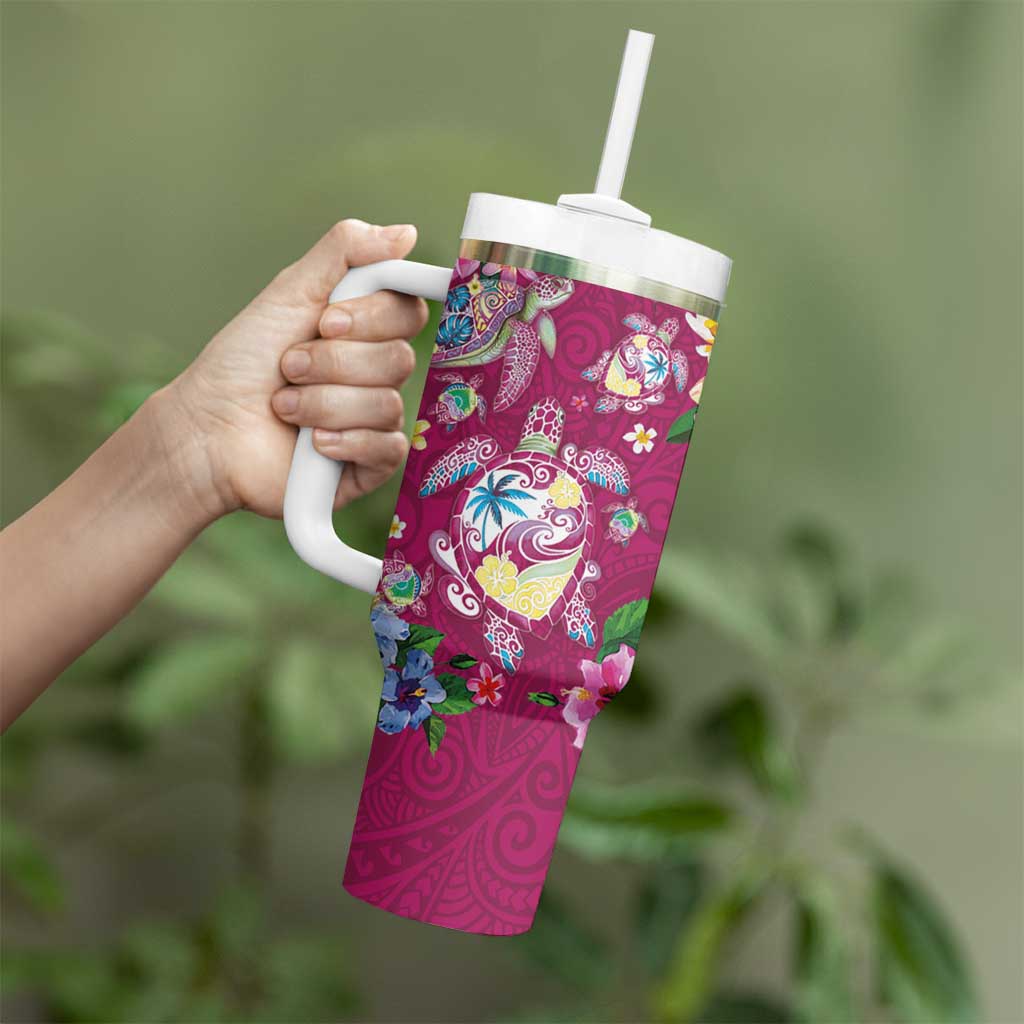 Hawaiian Turtles and Tropical Plants Tumbler With Handle Pink Watercolor