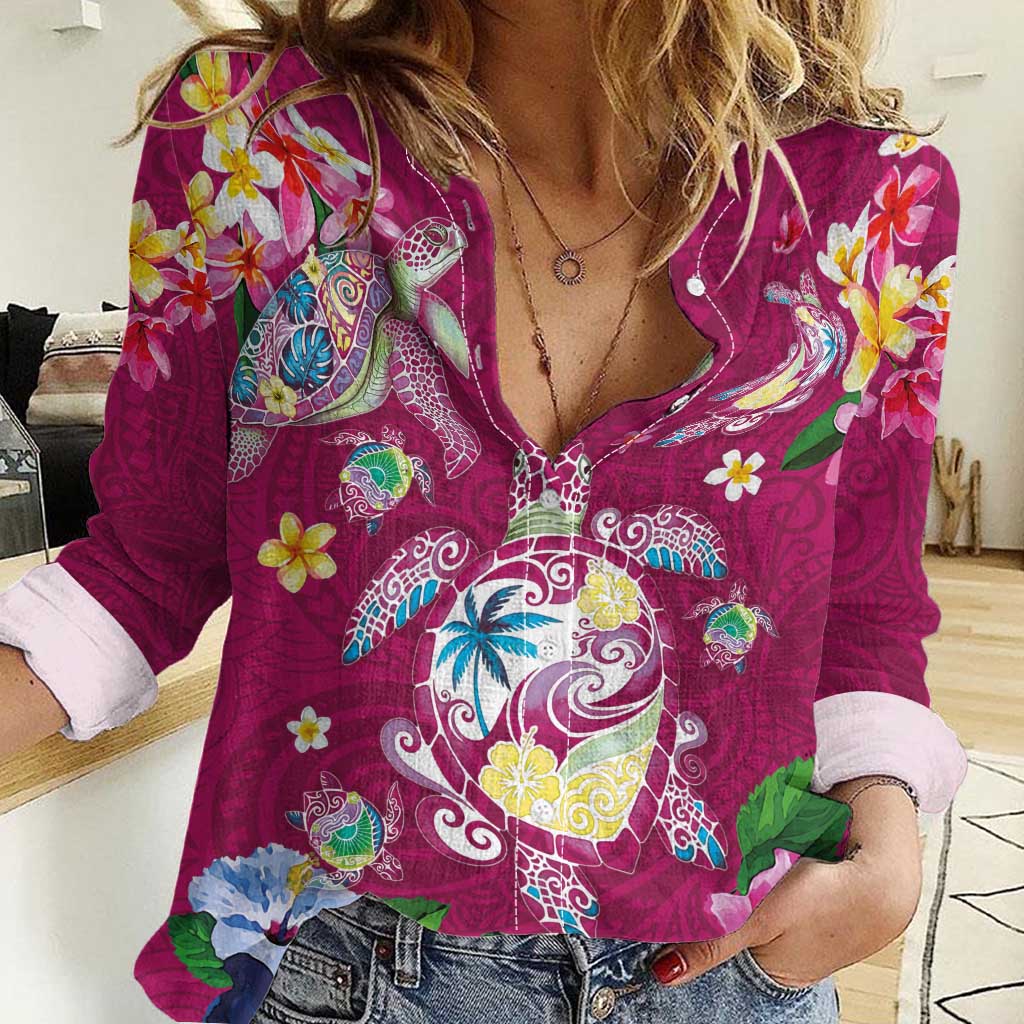 Hawaiian Turtles and Tropical Plants Women Casual Shirt Pink Watercolor LT03 Female Pink - Polynesian Pride