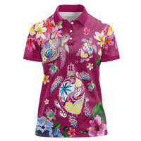 Hawaiian Turtles and Tropical Plants Women Polo Shirt Pink Watercolor LT03 Female Pink - Polynesian Pride