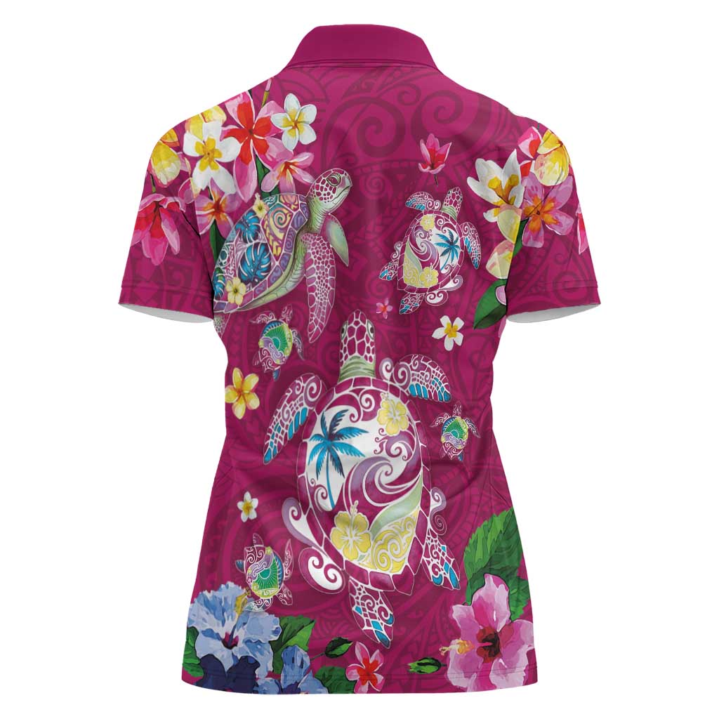 Hawaiian Turtles and Tropical Plants Women Polo Shirt Pink Watercolor LT03 - Polynesian Pride