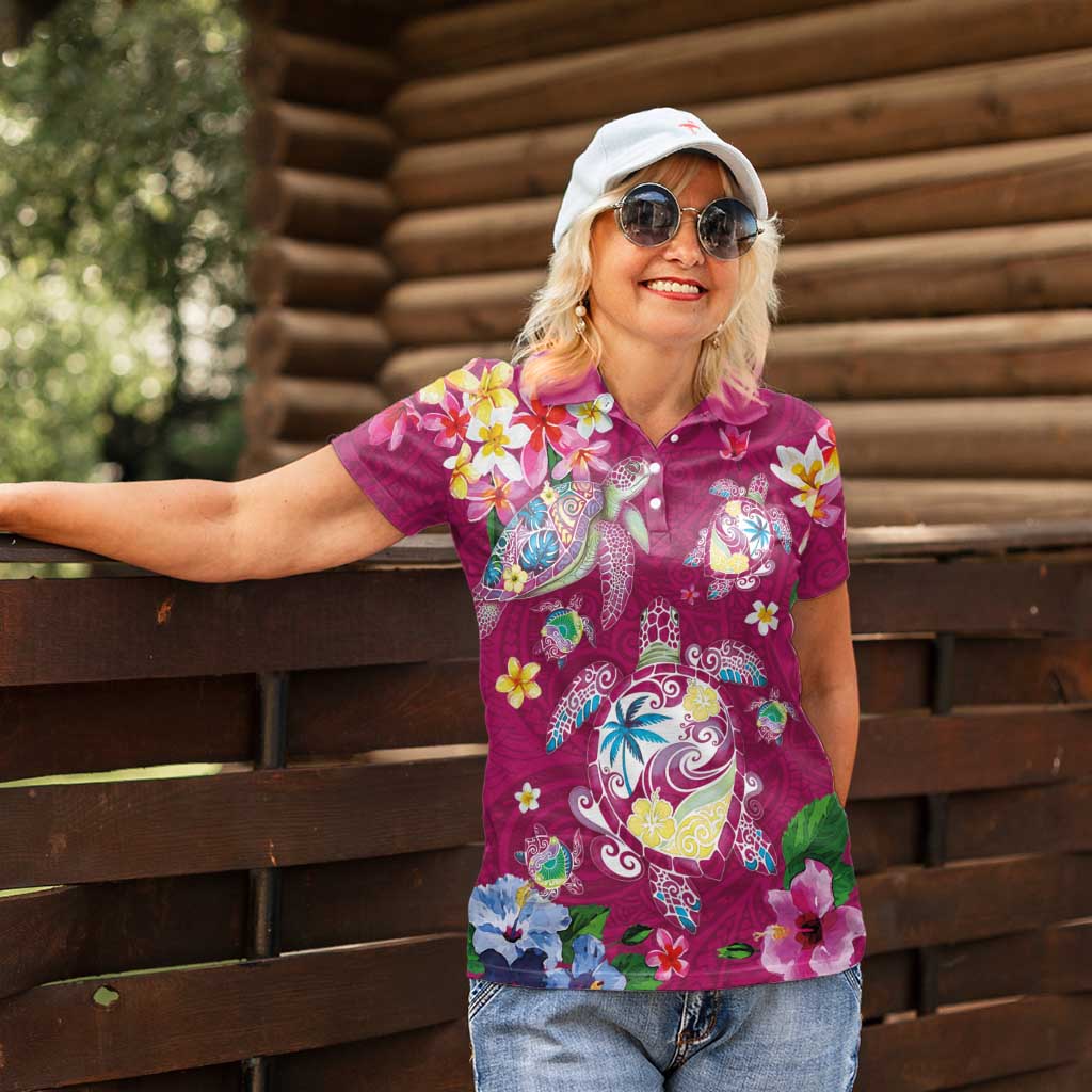Hawaiian Turtles and Tropical Plants Women Polo Shirt Pink Watercolor LT03 - Polynesian Pride