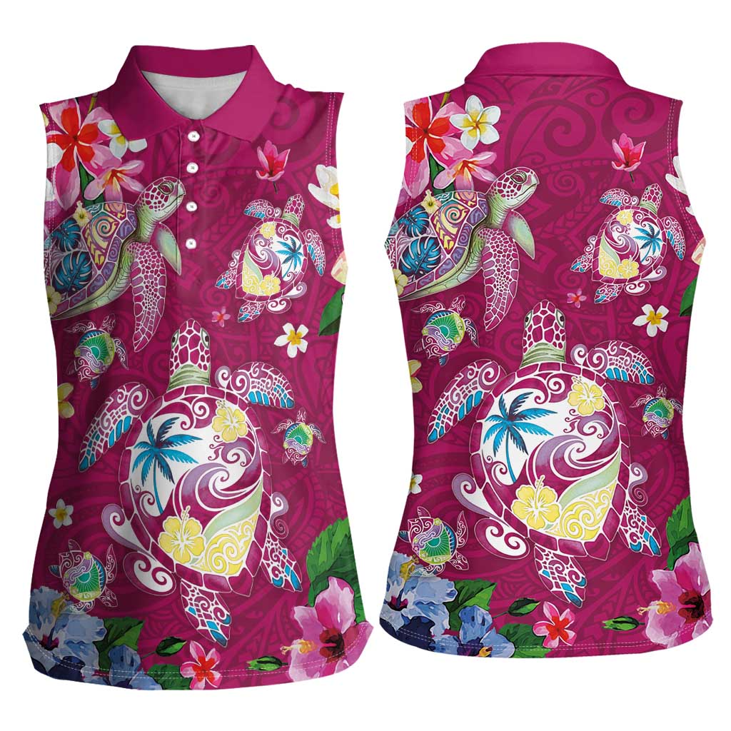Hawaiian Turtles and Tropical Plants Women Sleeveless Polo Shirt Pink Watercolor LT03 - Polynesian Pride