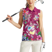 Hawaiian Turtles and Tropical Plants Women Sleeveless Polo Shirt Pink Watercolor LT03 - Polynesian Pride