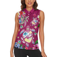 Hawaiian Turtles and Tropical Plants Women Sleeveless Polo Shirt Pink Watercolor LT03 - Polynesian Pride