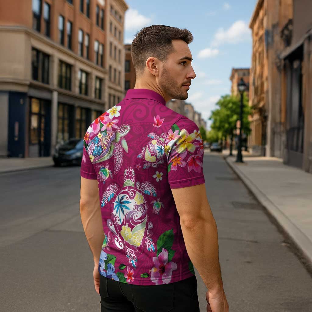Hawaiian Turtles and Tropical Plants Zipper Polo Shirt Pink Watercolor
