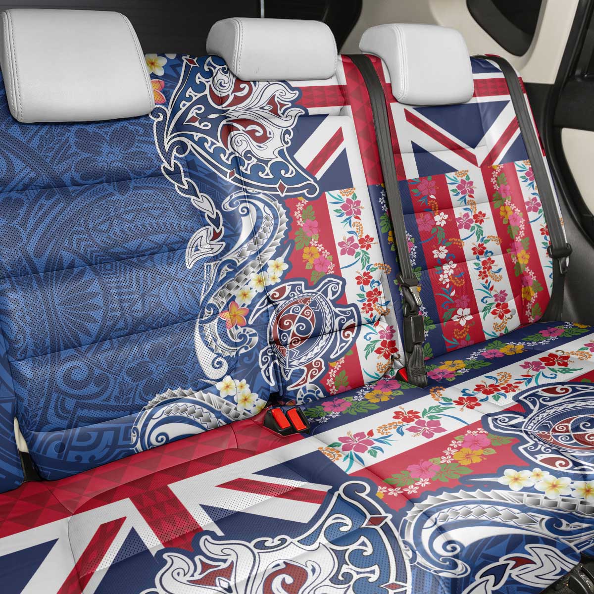 Hawaiian Manta Ray and Turtle Tribal Tattoo Back Car Seat Cover With Hawaii Flag and Flowers LT03 - Polynesian Pride