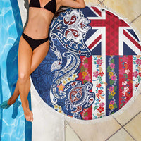 Hawaiian Manta Ray and Turtle Tribal Tattoo Beach Blanket With Hawaii Flag and Flowers