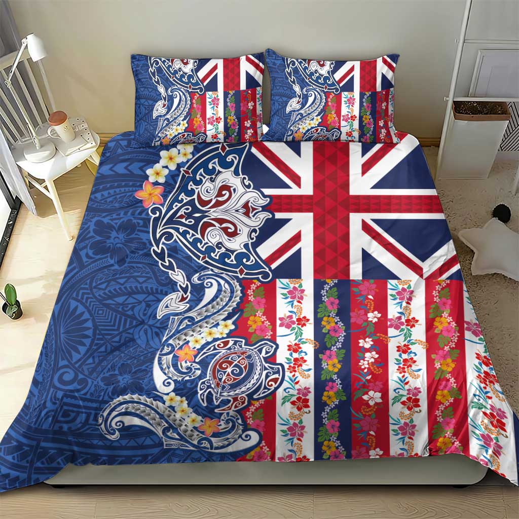 Hawaiian Manta Ray and Turtle Tribal Tattoo Bedding Set With Hawaii Flag and Flowers