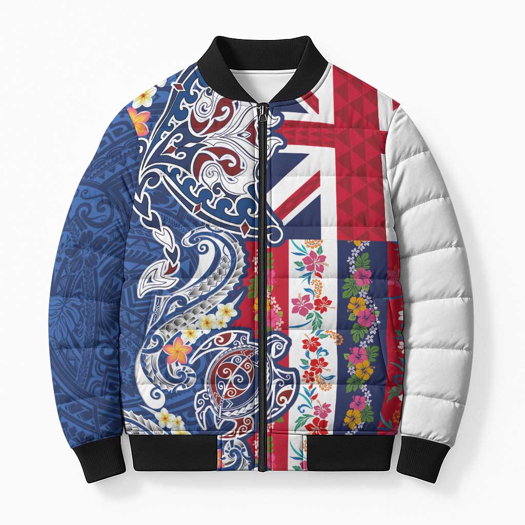 Hawaiian Manta Ray and Turtle Tribal Tattoo Bomber Puffer Jacket With Hawaii Flag and Flowers