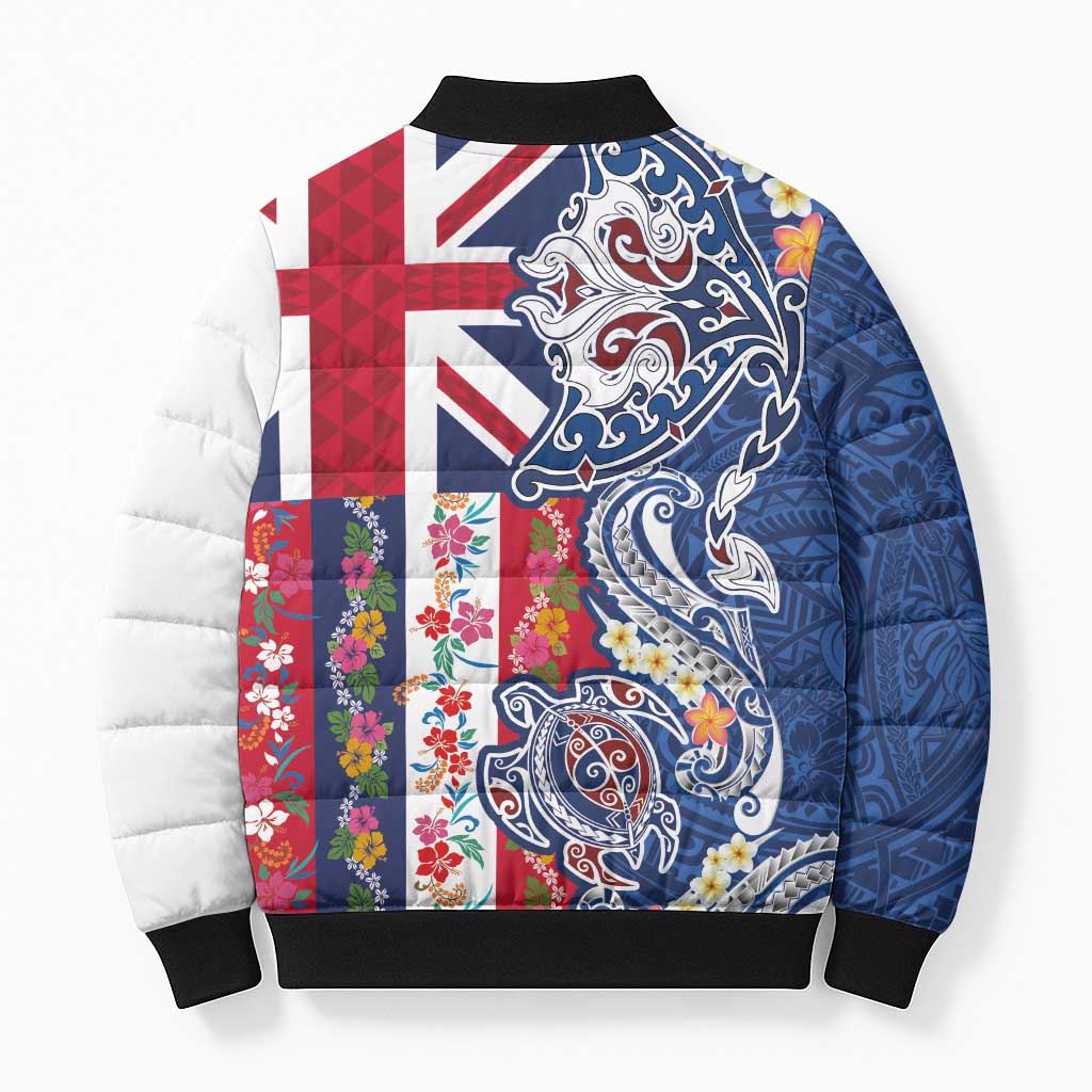 Hawaiian Manta Ray and Turtle Tribal Tattoo Bomber Puffer Jacket With Hawaii Flag and Flowers