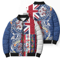 Hawaiian Manta Ray and Turtle Tribal Tattoo Bomber Puffer Jacket With Hawaii Flag and Flowers