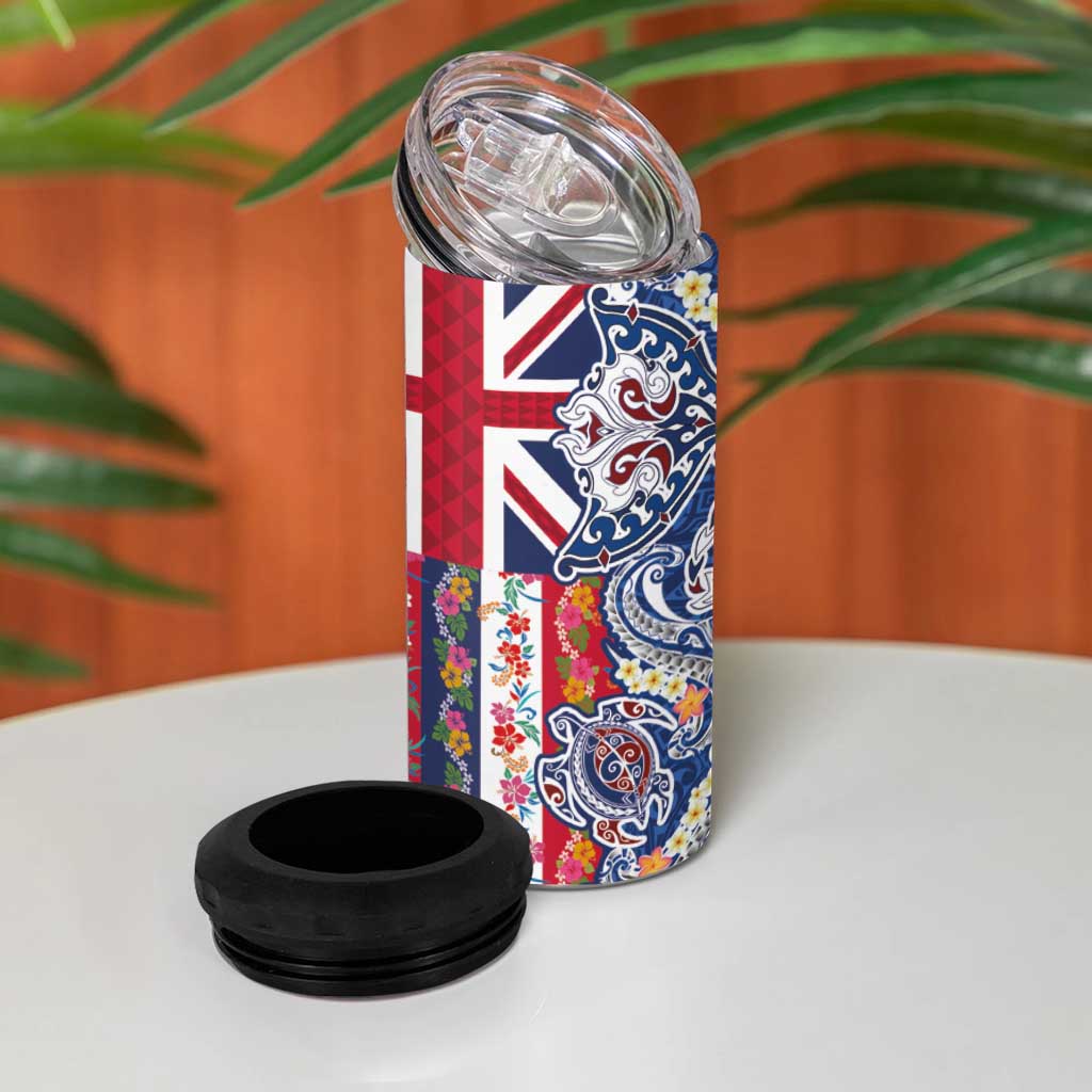 Hawaiian Manta Ray and Turtle Tribal Tattoo 4 in 1 Can Cooler Tumbler With Hawaii Flag and Flowers LT03 - Polynesian Pride