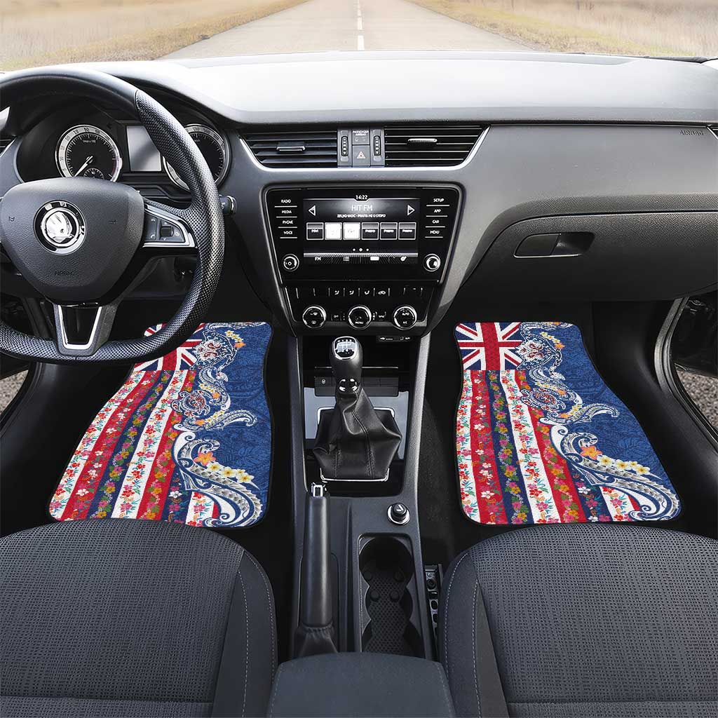 Hawaiian Manta Ray and Turtle Tribal Tattoo Car Mats With Hawaii Flag and Flowers LT03 Set 2pcs - Front Multicolor - Polynesian Pride