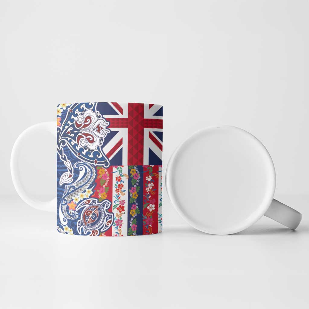 Hawaiian Manta Ray and Turtle Tribal Tattoo Ceramic Mug With Hawaii Flag and Flowers