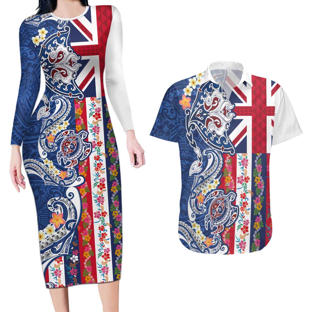 Hawaiian Manta Ray and Turtle Tribal Tattoo Couples Matching Long Sleeve Bodycon Dress and Hawaiian Shirt With Hawaii Flag and Flowers