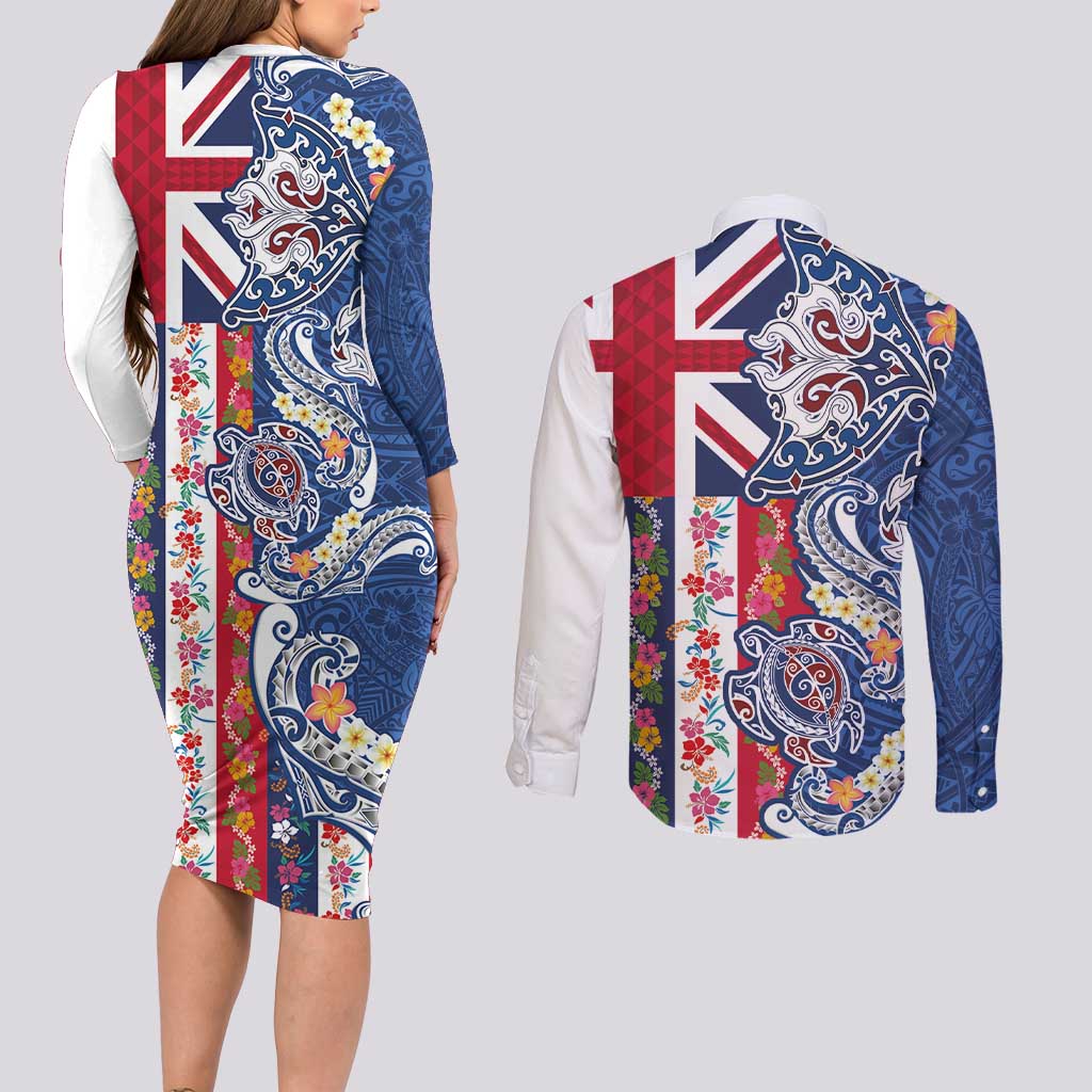 Hawaiian Manta Ray and Turtle Tribal Tattoo Couples Matching Long Sleeve Bodycon Dress and Long Sleeve Button Shirt With Hawaii Flag and Flowers LT03 - Polynesian Pride