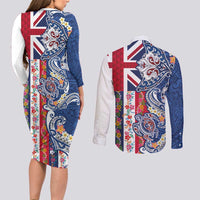 Hawaiian Manta Ray and Turtle Tribal Tattoo Couples Matching Long Sleeve Bodycon Dress and Long Sleeve Button Shirt With Hawaii Flag and Flowers LT03 - Polynesian Pride