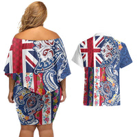 Hawaiian Manta Ray and Turtle Tribal Tattoo Couples Matching Off Shoulder Short Dress and Hawaiian Shirt With Hawaii Flag and Flowers LT03 - Polynesian Pride