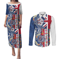 Hawaiian Manta Ray and Turtle Tribal Tattoo Couples Matching Puletasi and Long Sleeve Button Shirt With Hawaii Flag and Flowers LT03 Multicolor - Polynesian Pride