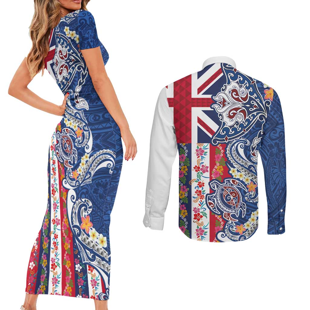 Hawaiian Manta Ray and Turtle Tribal Tattoo Couples Matching Short Sleeve Bodycon Dress and Long Sleeve Button Shirt With Hawaii Flag and Flowers LT03 - Polynesian Pride
