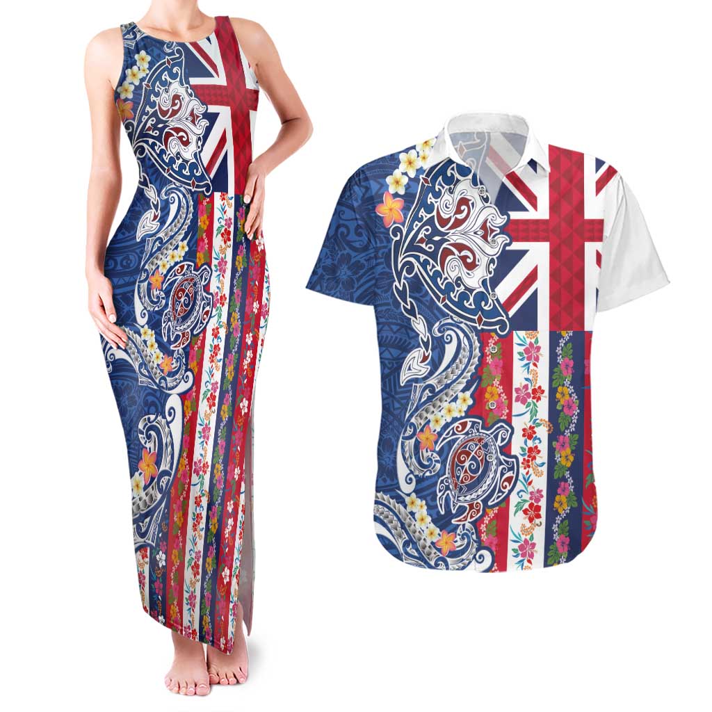 Hawaiian Manta Ray and Turtle Tribal Tattoo Couples Matching Tank Maxi Dress and Hawaiian Shirt With Hawaii Flag and Flowers LT03 Multicolor - Polynesian Pride
