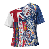 Hawaiian Manta Ray and Turtle Tribal Tattoo Cross Shoulder Shirt With Hawaii Flag and Flowers LT03 - Polynesian Pride