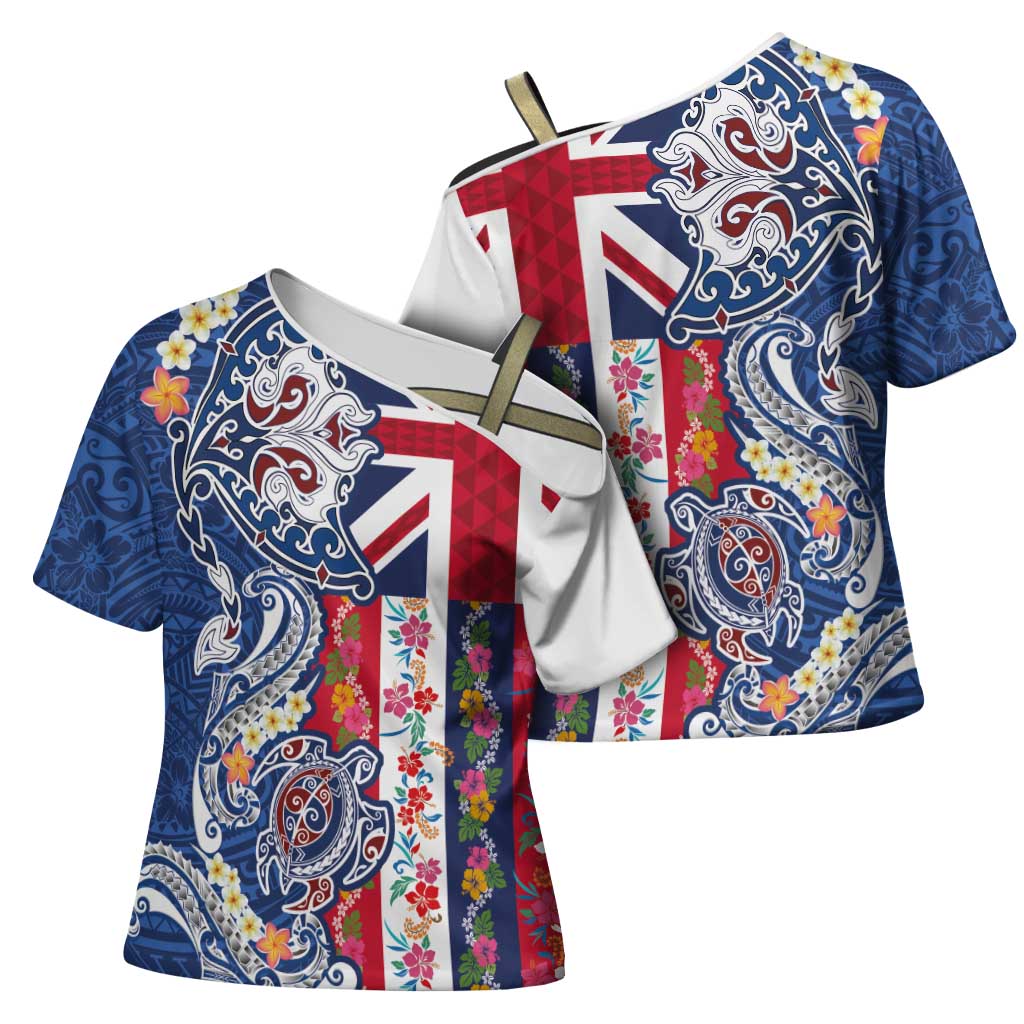 Hawaiian Manta Ray and Turtle Tribal Tattoo Cross Shoulder Shirt With Hawaii Flag and Flowers LT03 - Polynesian Pride