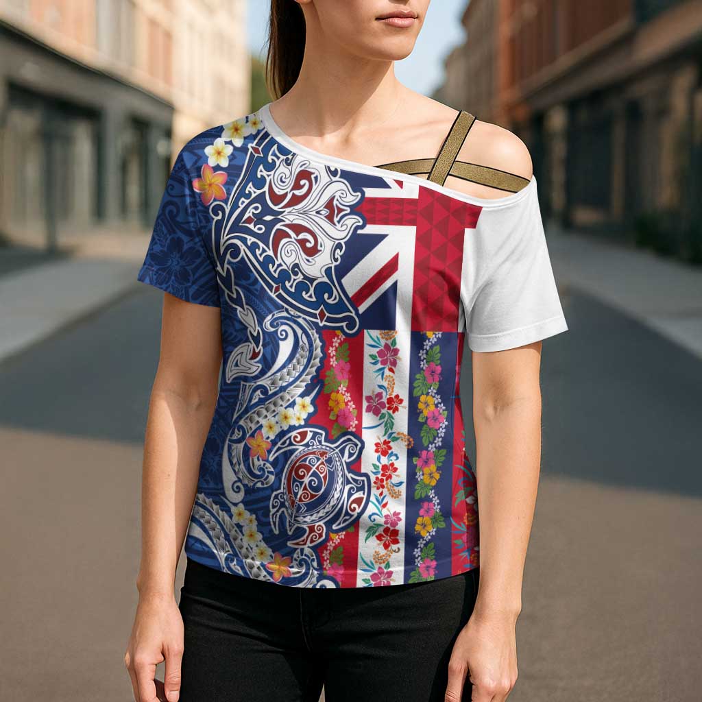 Hawaiian Manta Ray and Turtle Tribal Tattoo Cross Shoulder Shirt With Hawaii Flag and Flowers LT03 - Polynesian Pride