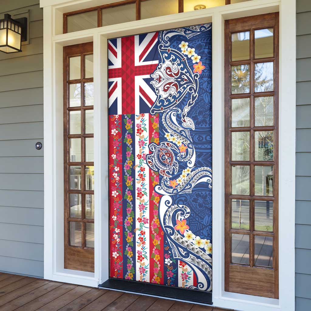 Hawaiian Manta Ray and Turtle Tribal Tattoo Door Cover With Hawaii Flag and Flowers LT03 - Polynesian Pride
