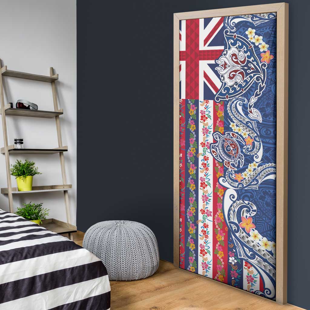 Hawaiian Manta Ray and Turtle Tribal Tattoo Door Cover With Hawaii Flag and Flowers LT03 - Polynesian Pride