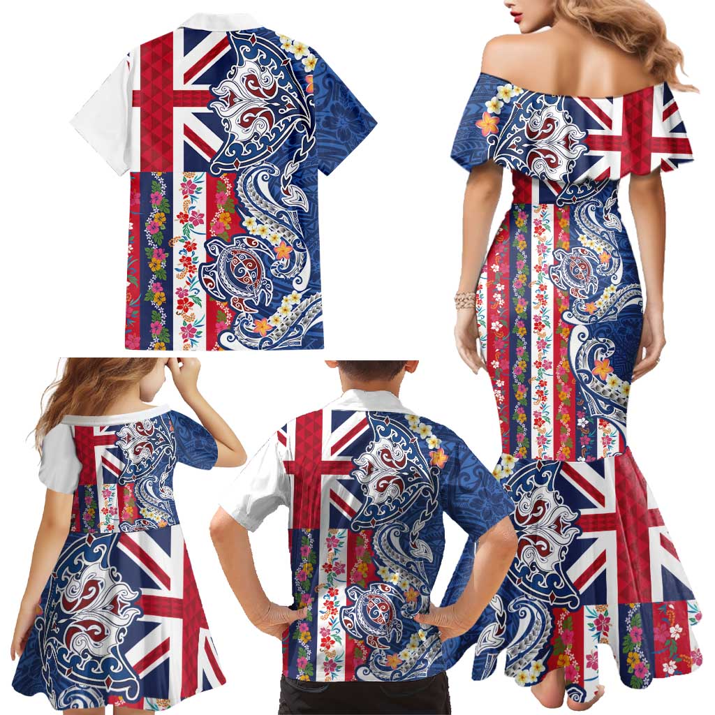 Hawaiian Manta Ray and Turtle Tribal Tattoo Family Matching Mermaid Dress and Hawaiian Shirt With Hawaii Flag and Flowers LT03 - Polynesian Pride