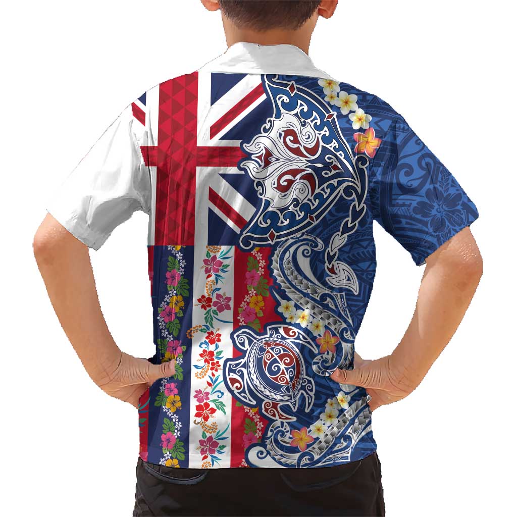 Hawaiian Manta Ray and Turtle Tribal Tattoo Family Matching Off The Shoulder Long Sleeve Dress and Hawaiian Shirt With Hawaii Flag and Flowers LT03 - Polynesian Pride